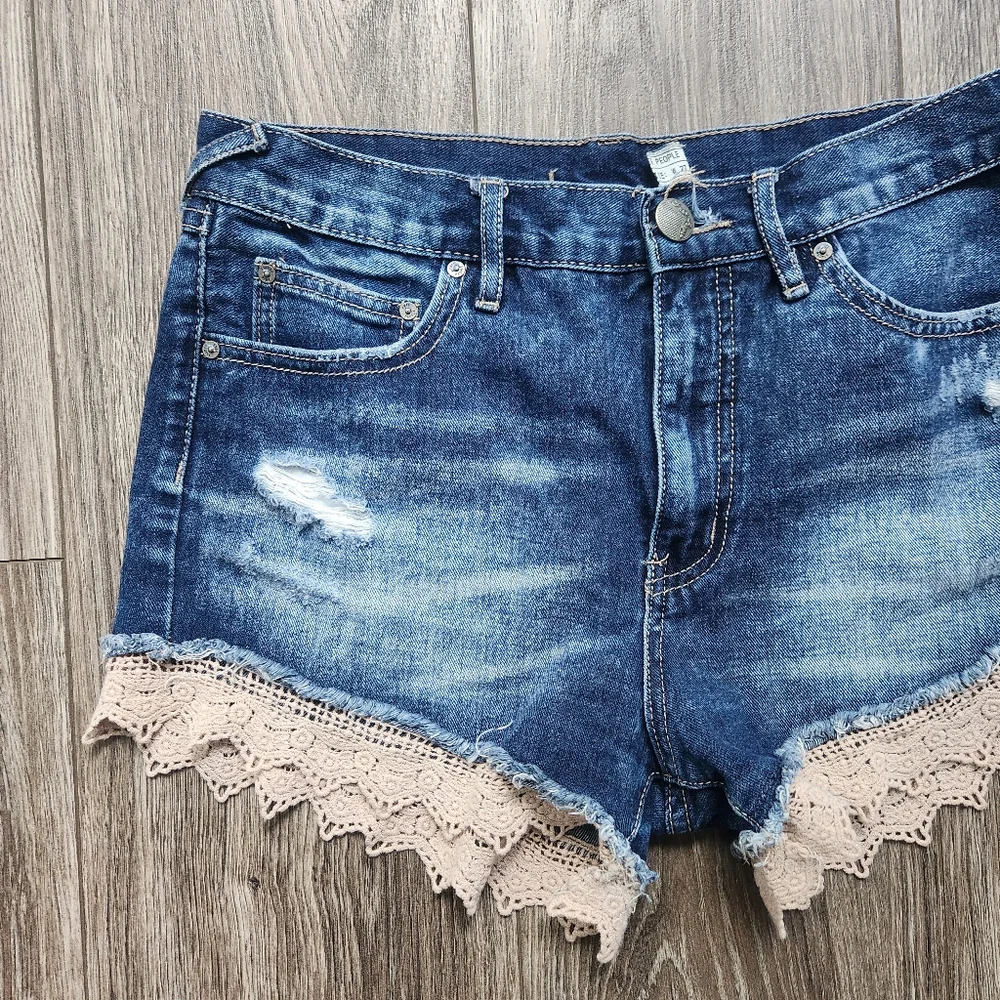 Free People Lacey Lace High Rise Denim Distressed Shorts 27